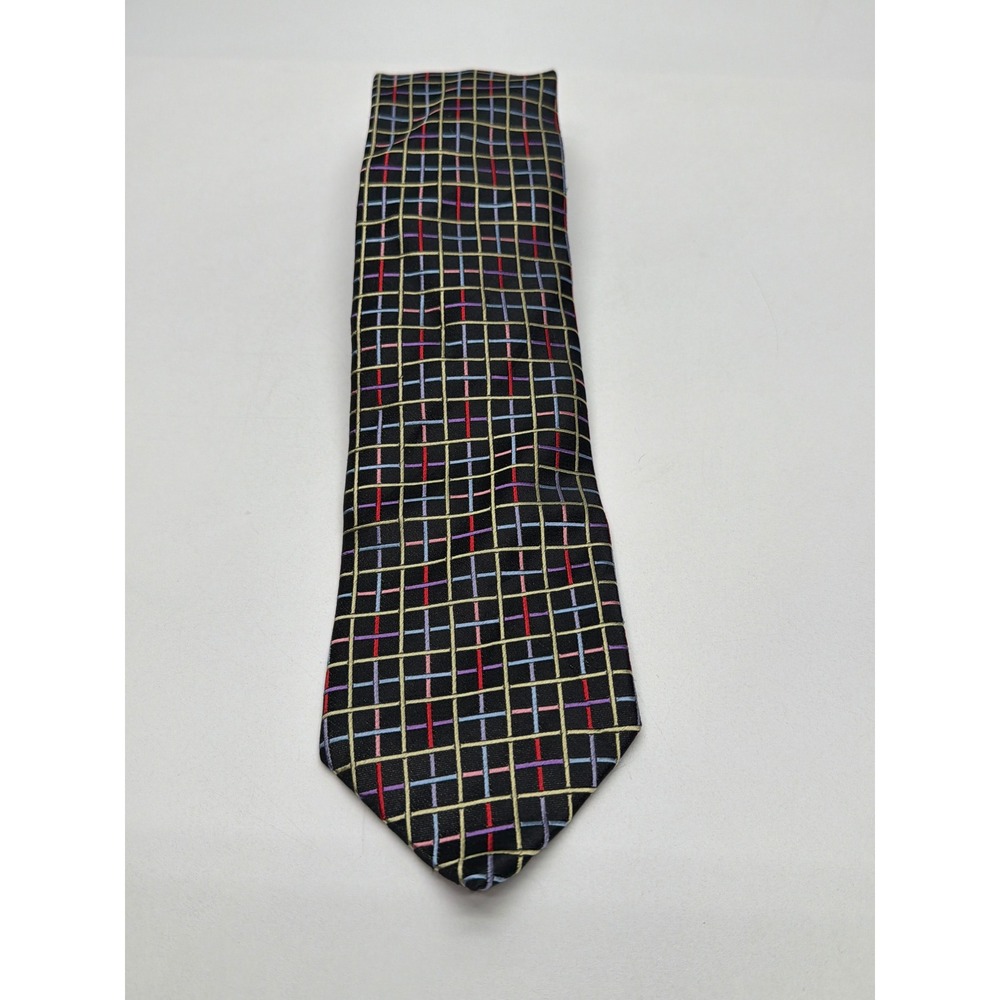 Paul Malone Mens Silk Necktie Black Multicolor Woven Geometric Grid Pattern